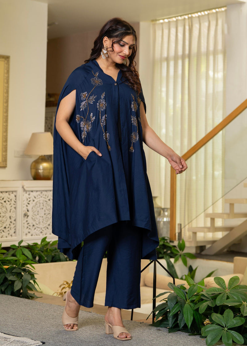 Juniper Navy Embellished Kaftan & Pant Co-Ord Set With Sequins And Beads