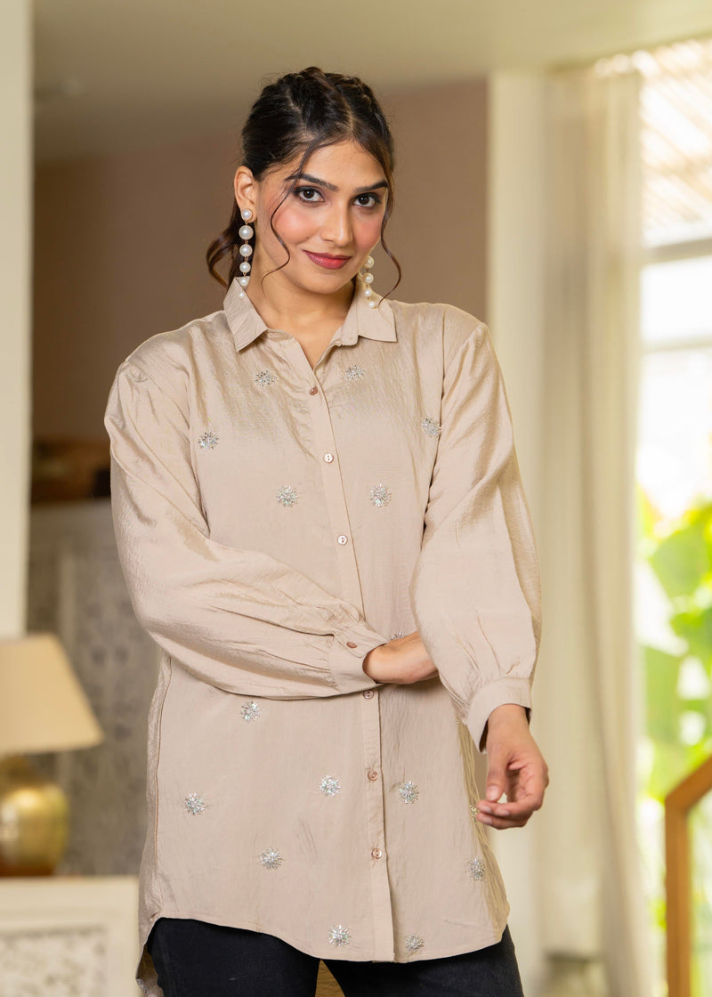 Juniper Ivory Solid Viscose Shirt With Beads And Sequence Work