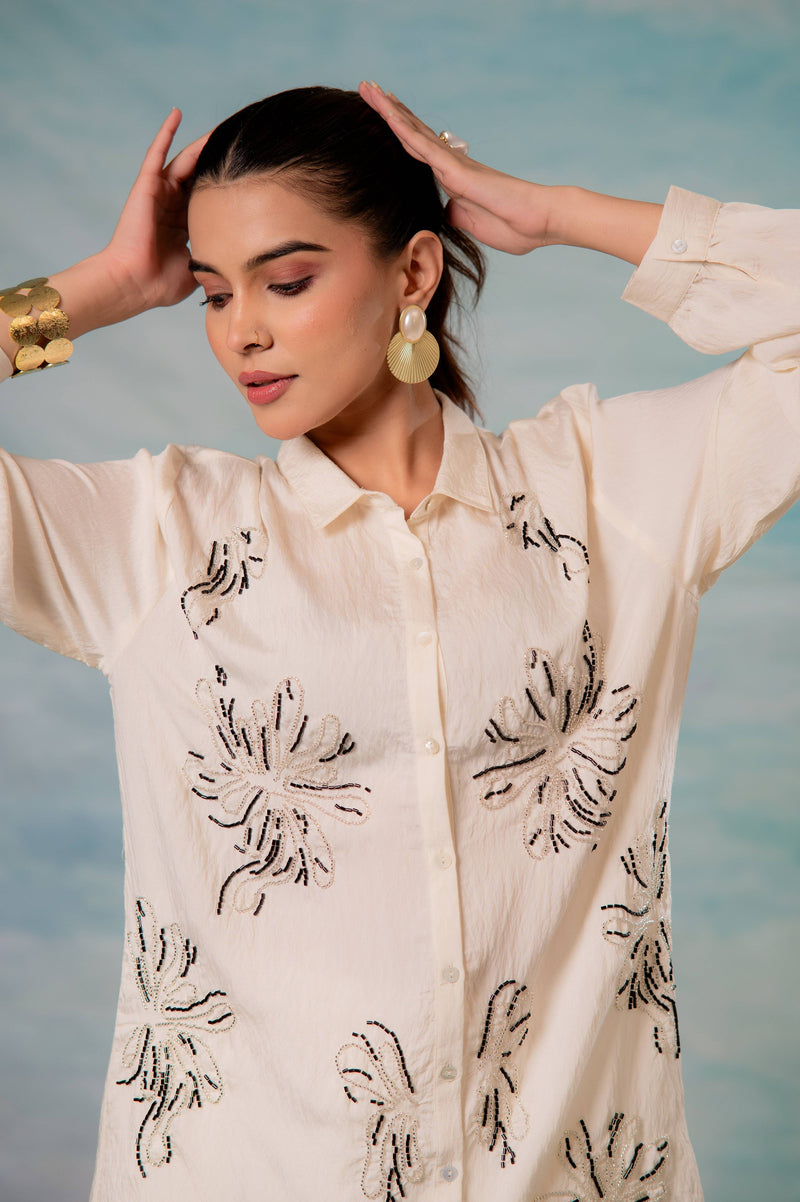 Juniper Viscose Off White Embellished Shirt With Bead Details