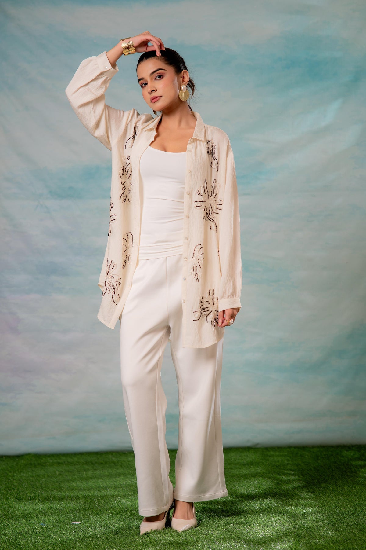 Juniper Viscose Off White Embellished Shirt With Bead Details