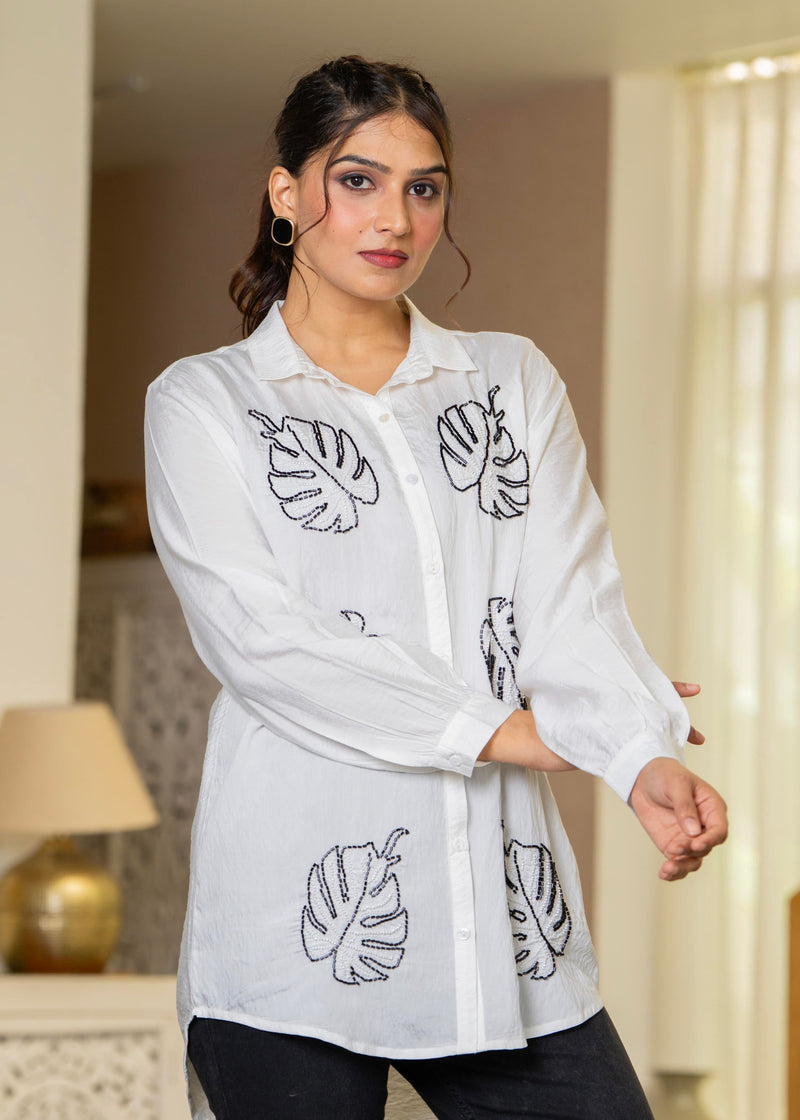 Juniper White Solid Viscose Shirt With Beads Work