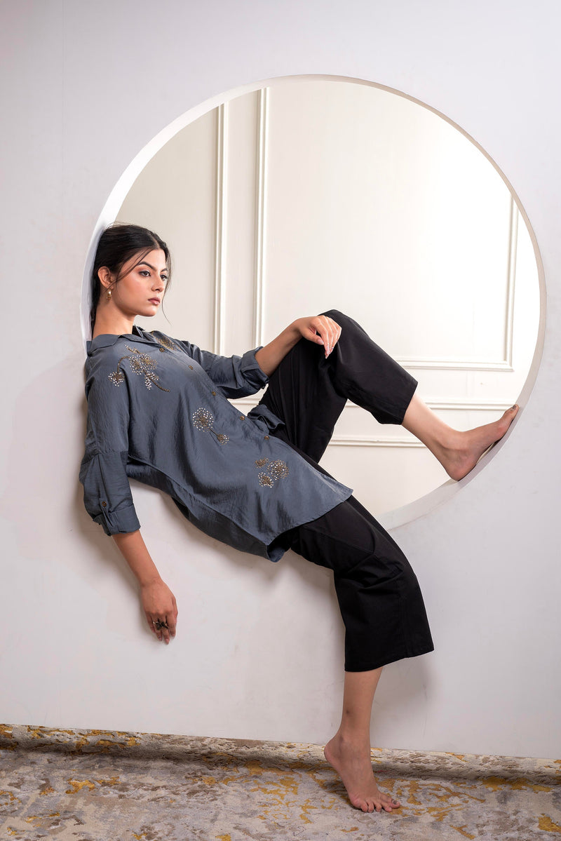 Juniper Viscose Grey Embellished Shirt With Sequin & Bead Details