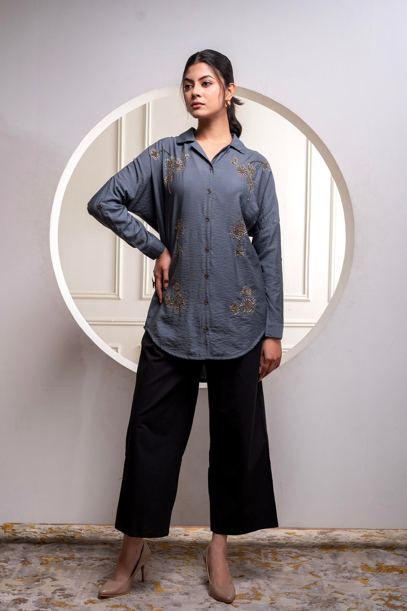Juniper Viscose Grey Embellished Shirt With Sequin & Bead Details