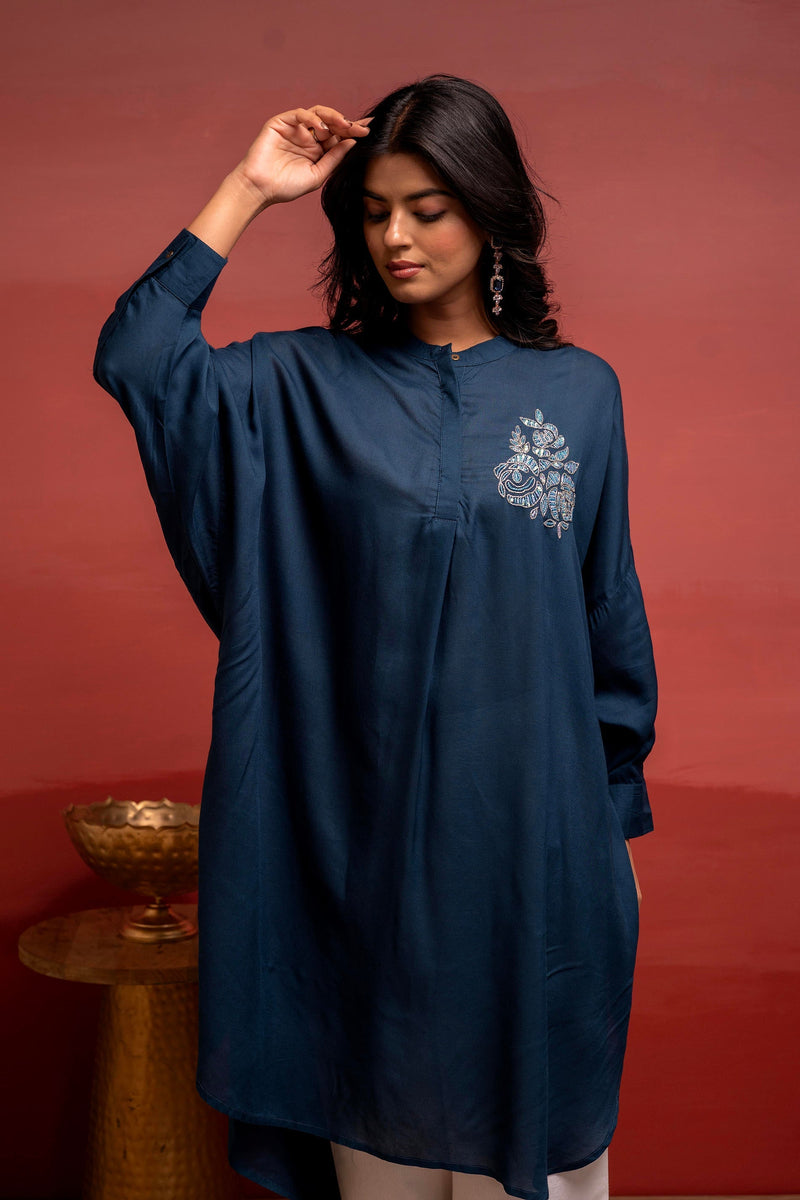 Juniper Viscose Blue Embellished Shirt With Sequin & Bead Details