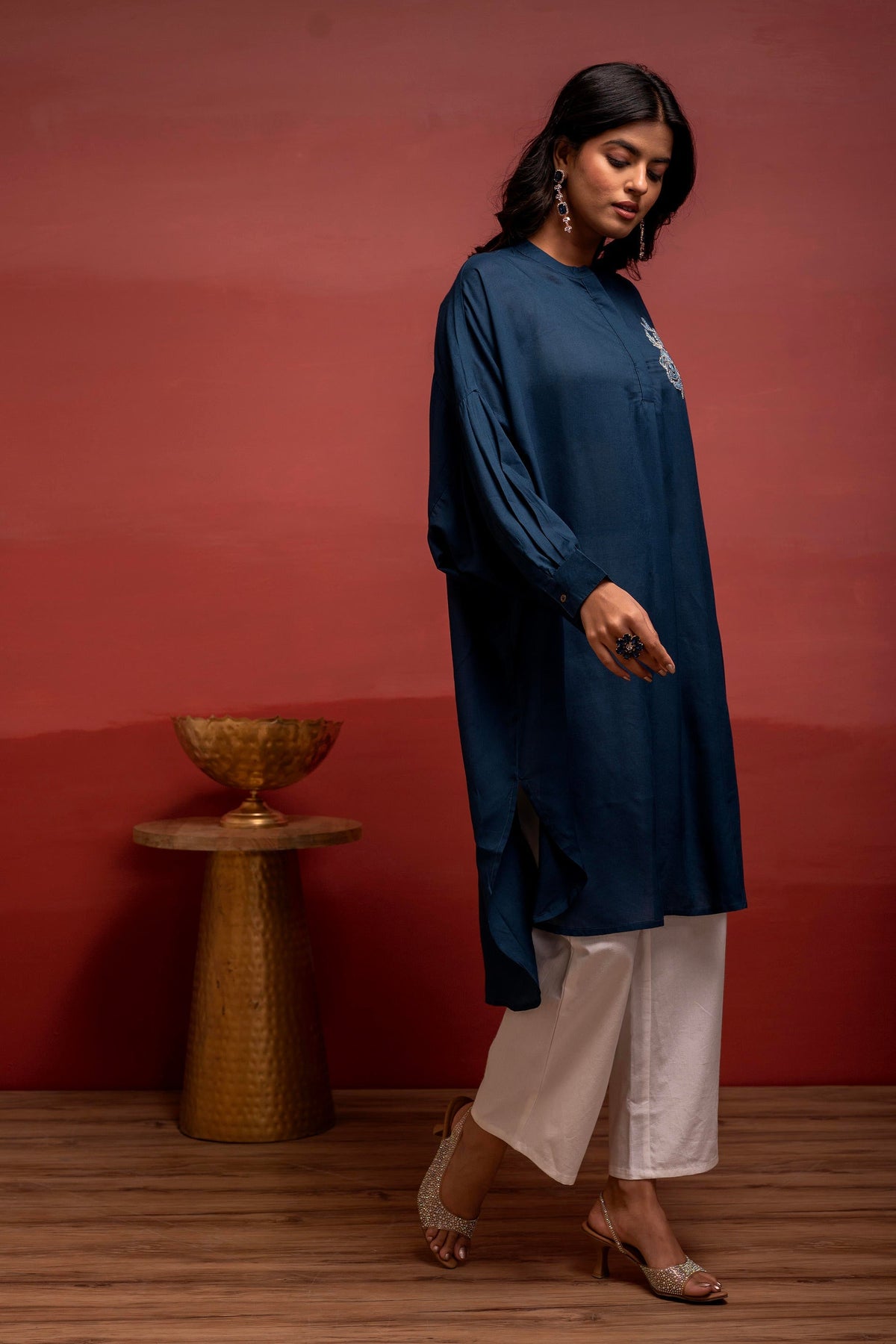 Juniper Viscose Blue Embellished Shirt With Sequin & Bead Details