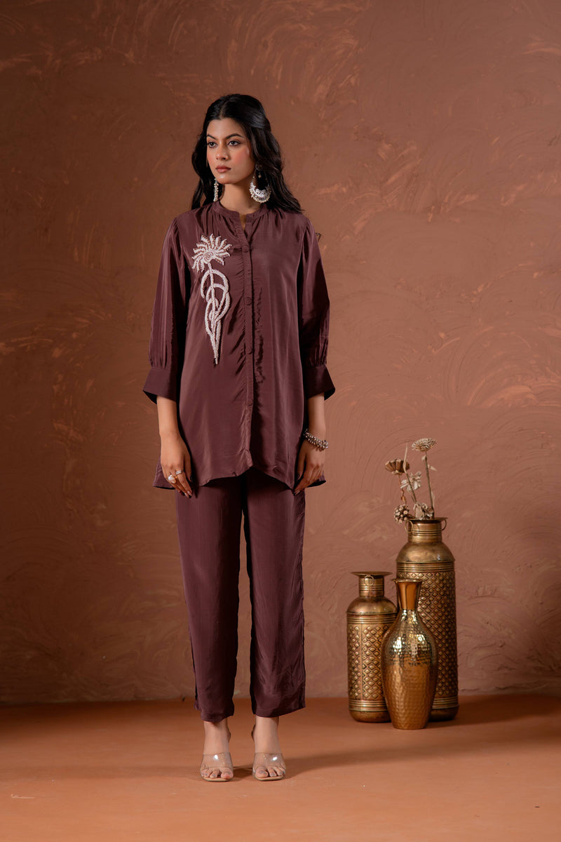 Juniper Coffee Brown Embellished Viscose Co-Ord Set With Bead Detailing