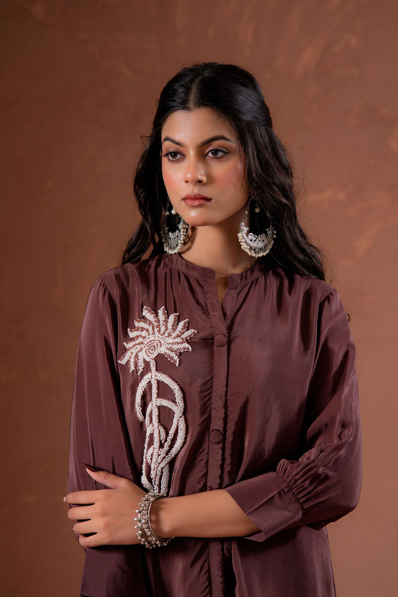 Juniper Coffee Brown Embellished Viscose Co-Ord Set With Bead Detailing
