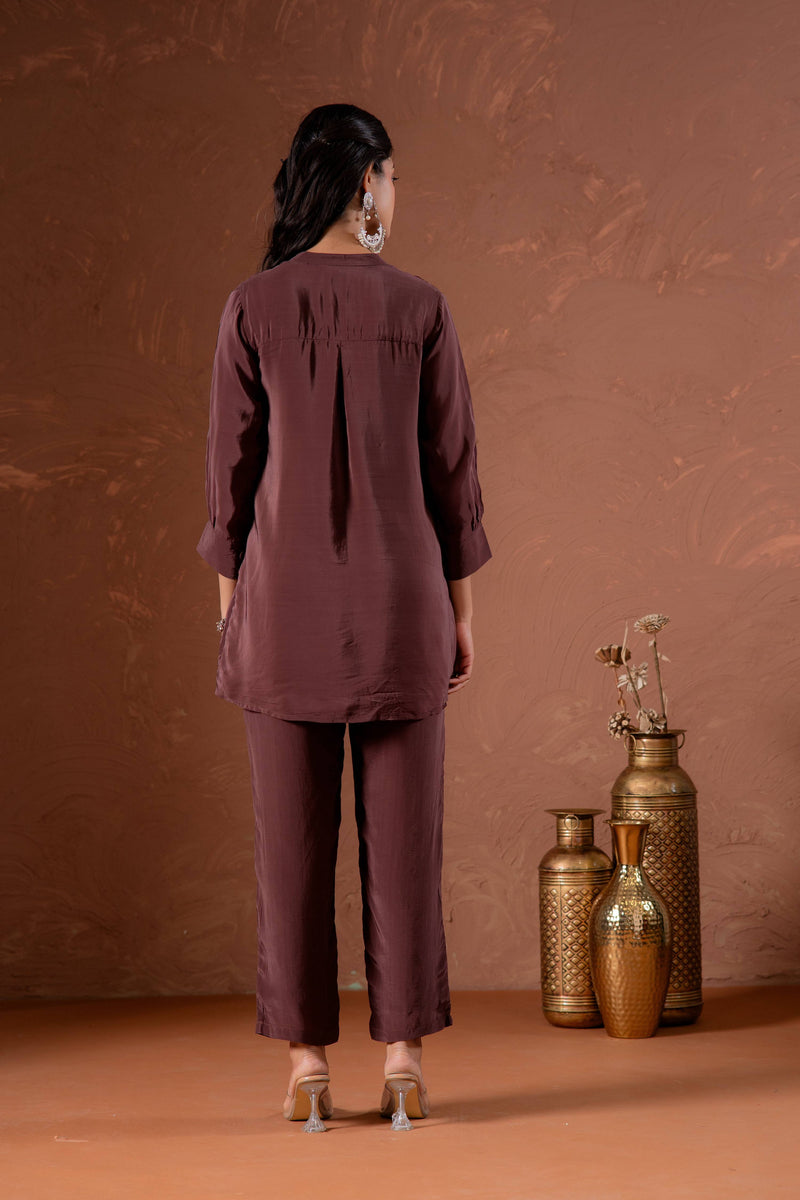 Juniper Coffee Brown Embellished Viscose Co-Ord Set With Bead Detailing