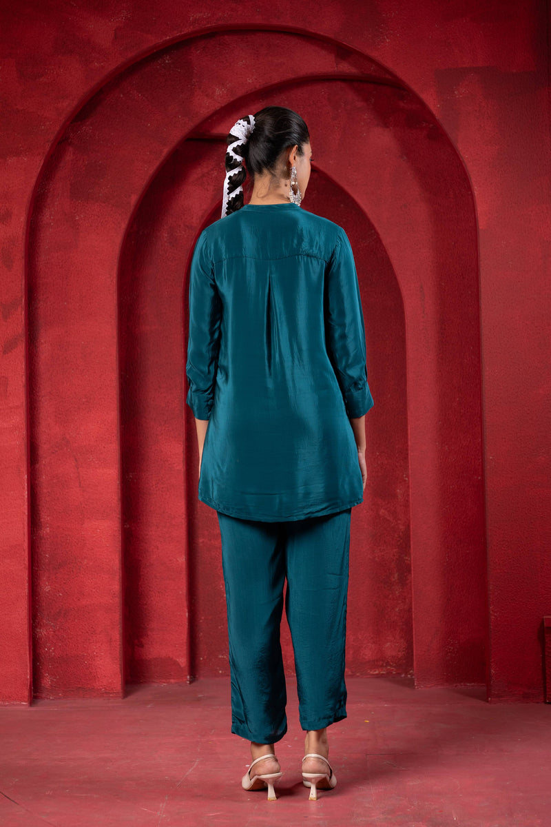 Juniper Teal Embellished Viscose Co-Ord Set With Bead Detailing