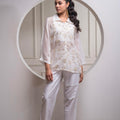 Juniper Viscose Off White Embroidered Shirt, Cami & Pant Co-Ord Set With Zari Work