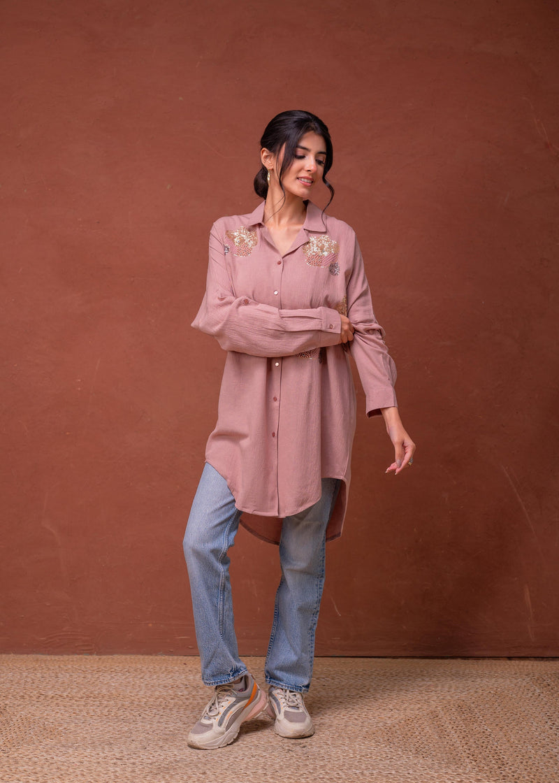 Juniper Viscose Linen Dusty Pink Embellished Shirt With Sequin & Bead Details