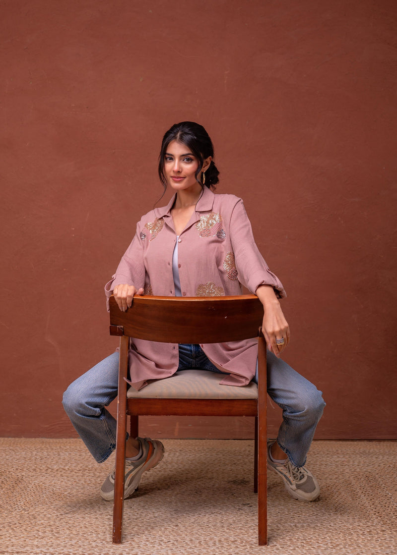 Juniper Viscose Linen Dusty Pink Embellished Shirt With Sequin & Bead Details
