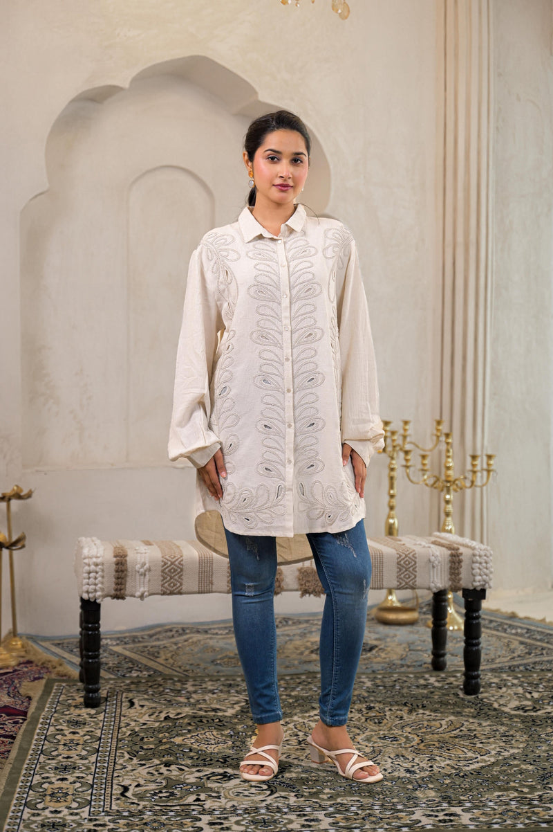 Juniper Off-White Embroidered Viscose-Linen Shirt With Zari Work