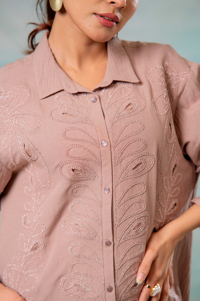 Juniper Pink Embroidered Viscose-Linen Shirt With Zari Work