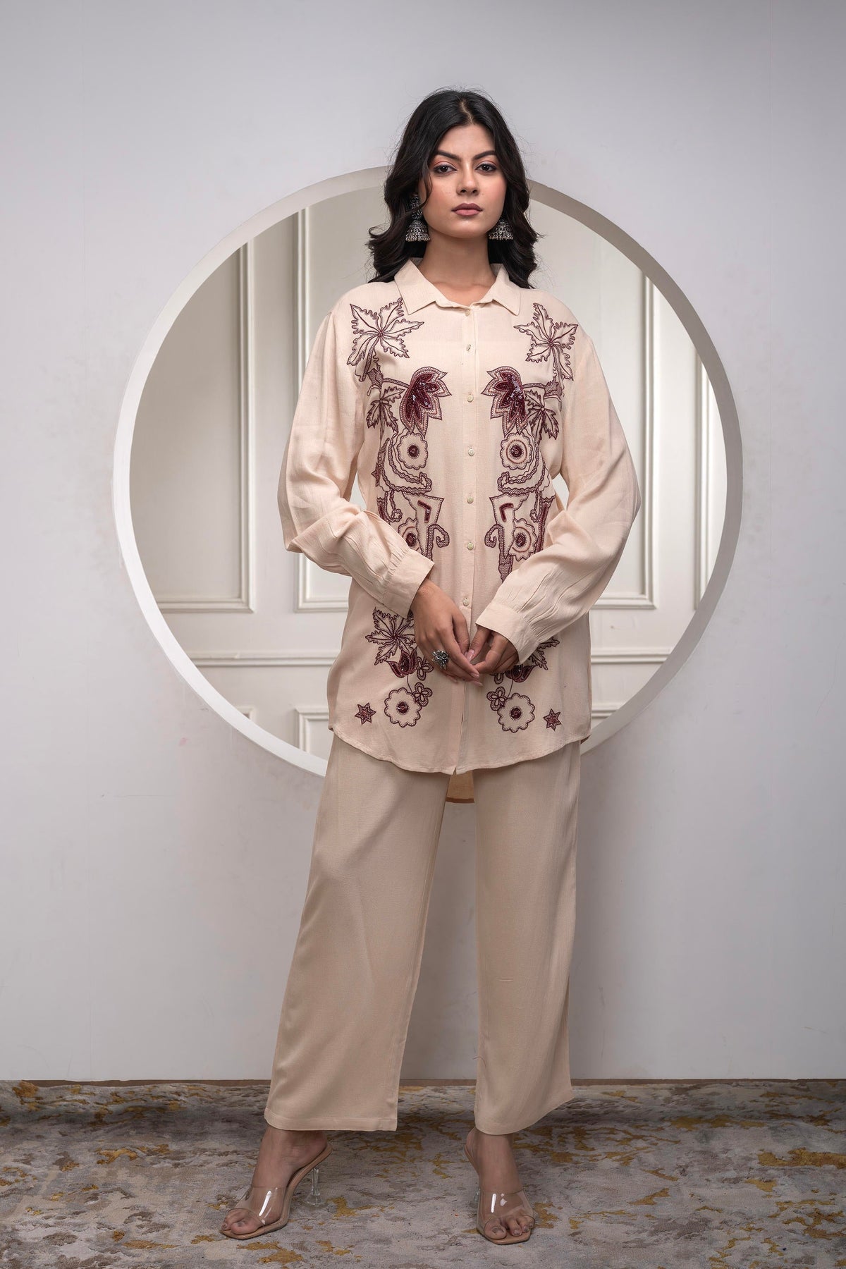 Juniper Viscose Linen Cream Maroon Embellished Shirt And Pant Co-Ord Set With Sequin & Bead Details