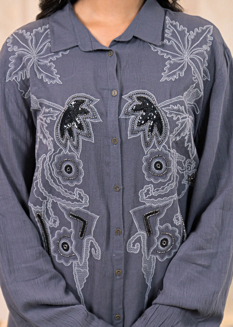 Juniper Viscose Linen Grey Embellished Shirt And Pant Co-Ord Set With Sequin & Bead Details