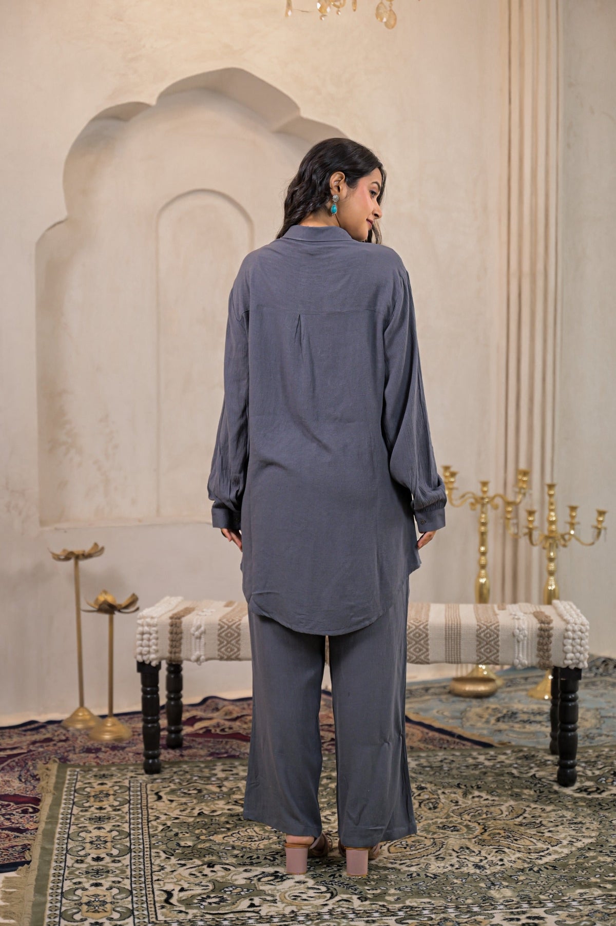 Juniper Viscose Linen Grey Embellished Shirt And Pant Co-Ord Set With Sequin & Bead Details