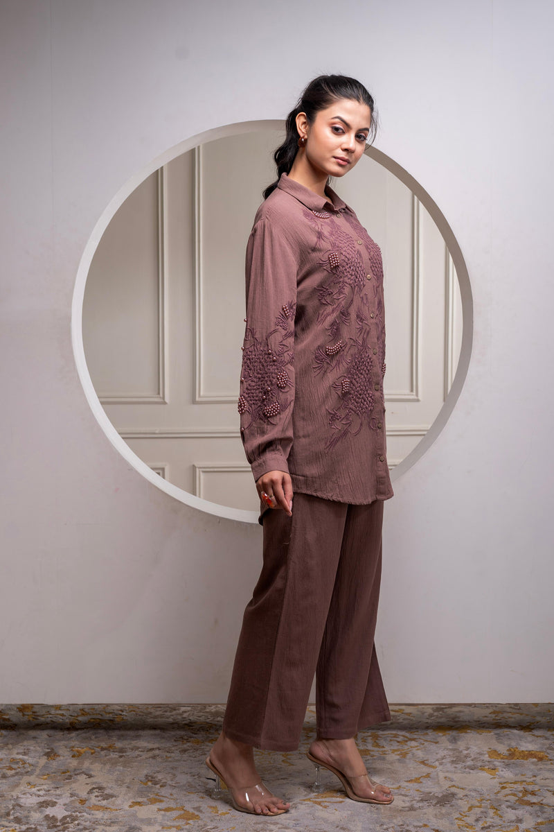 Juniper Brown Embellished Viscose Co-Ord Set With Bead Details
