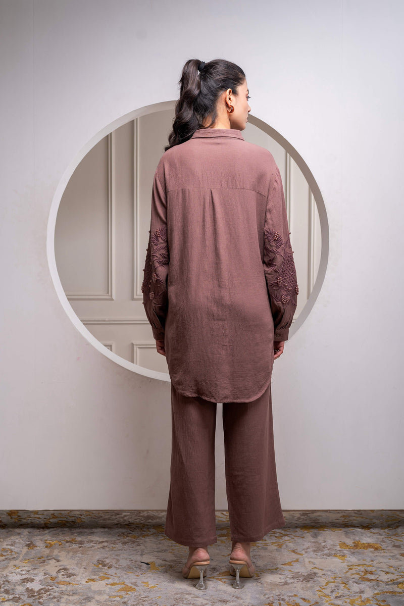 Juniper Brown Embellished Viscose Co-Ord Set With Bead Details