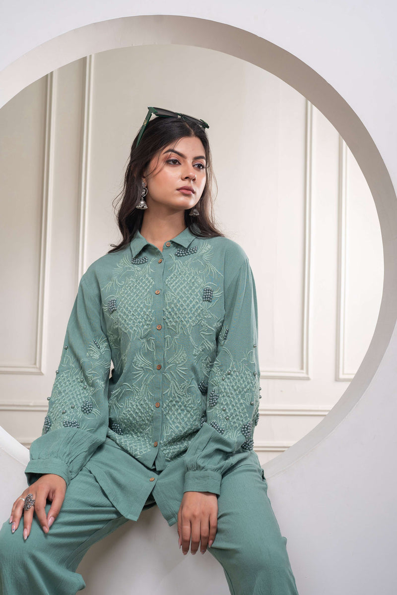 Juniper Sage Green Embellished Viscose Co-Ord Set With Bead Details