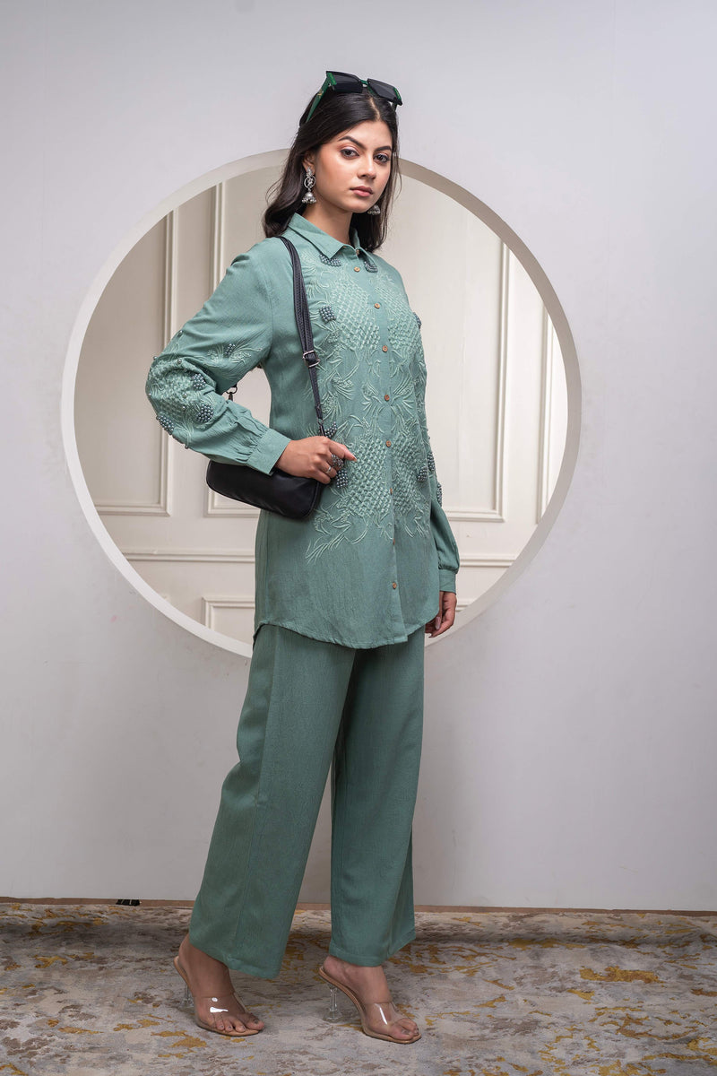 Juniper Sage Green Embellished Viscose Co-Ord Set With Bead Details
