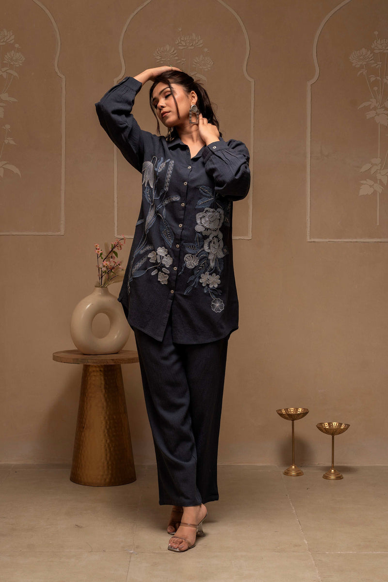 Juniper Grey Embroidered Viscose Co-Ord Set With Thread Work Detailing