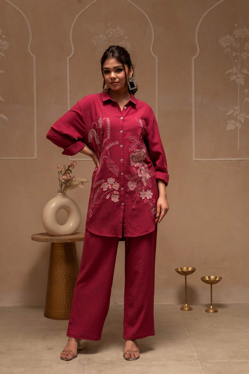 Juniper Rose Pink Embroidered Viscose Co-Ord Set With Thread Work Detailing