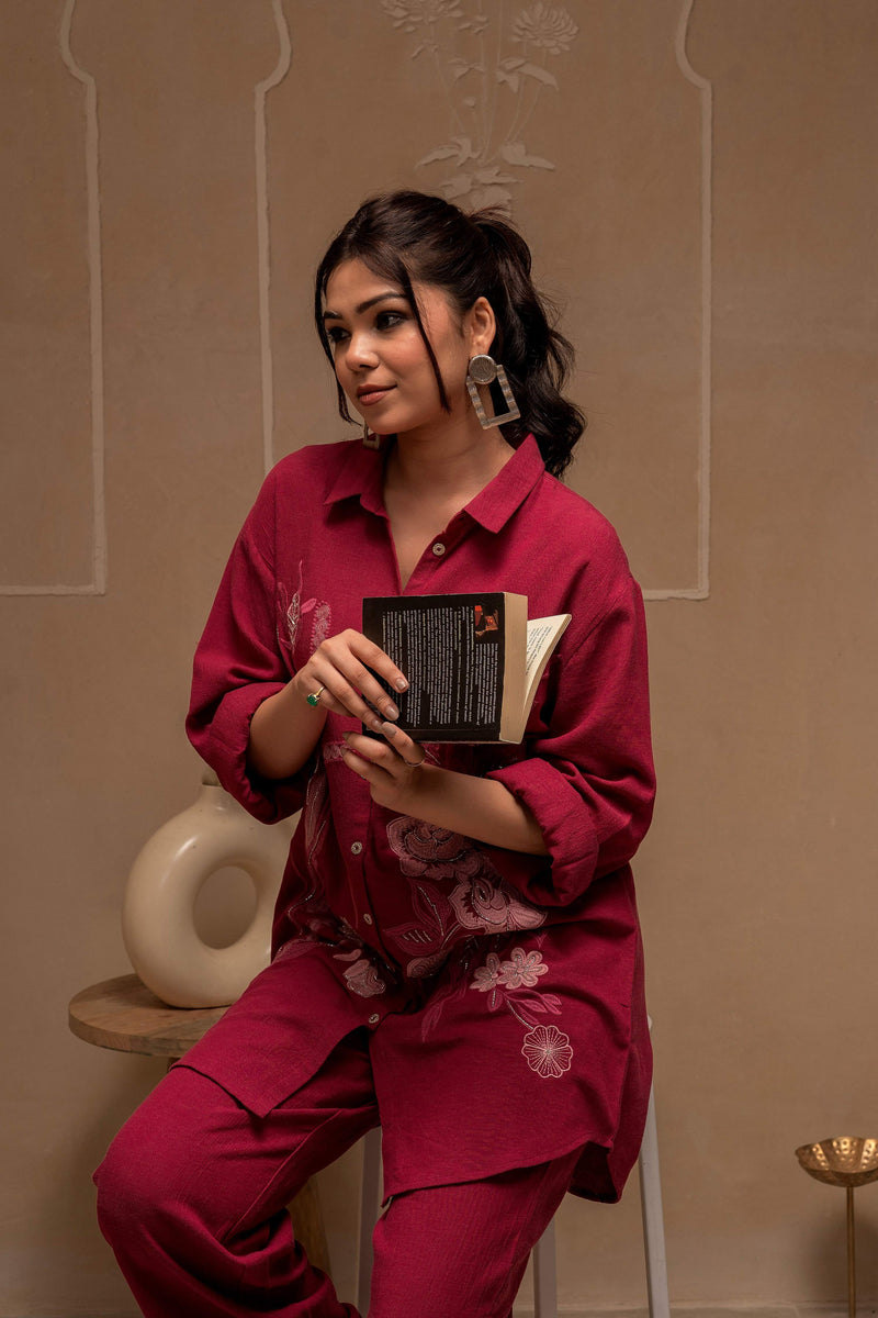 Juniper Rose Pink Embroidered Viscose Co-Ord Set With Thread Work Detailing