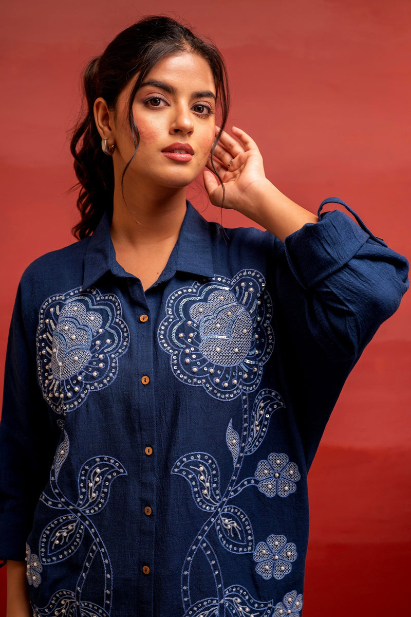 Juniper Viscose Linen Indigo Embroidered Shirt And Pant Co-Ord Set With Thread Work