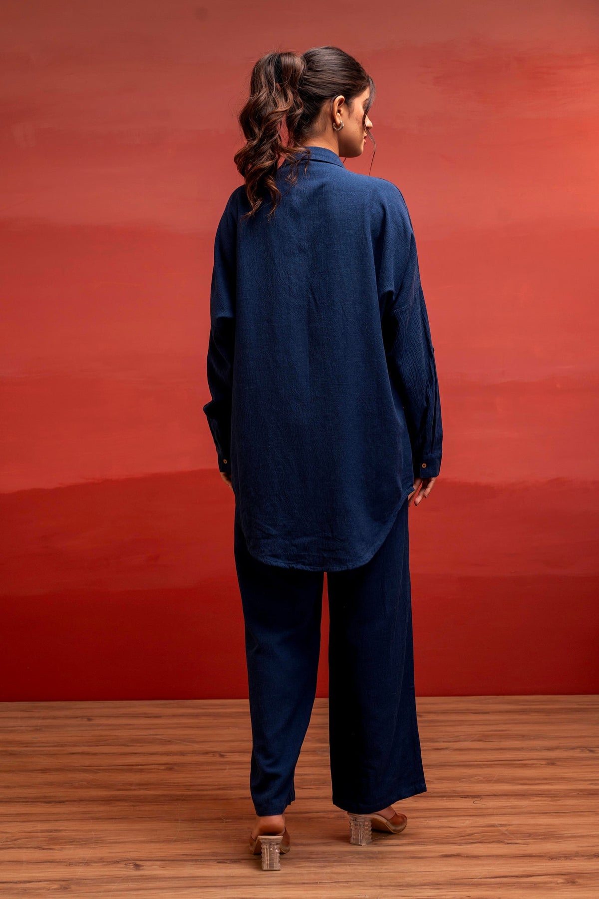 Juniper Viscose Linen Indigo Embroidered Shirt And Pant Co-Ord Set With Thread Work