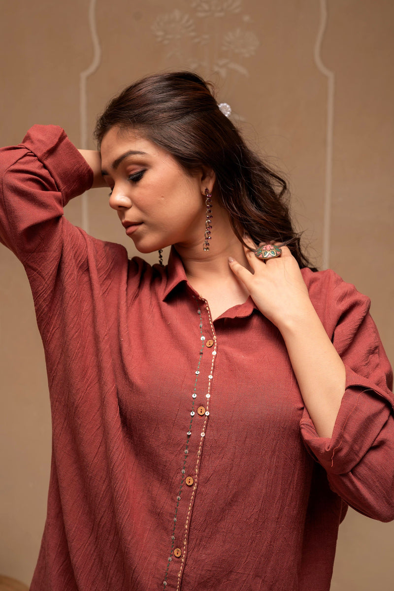 Juniper Brown Embellished Viscose-Linen Co-Ord Set With Sequin Detailing