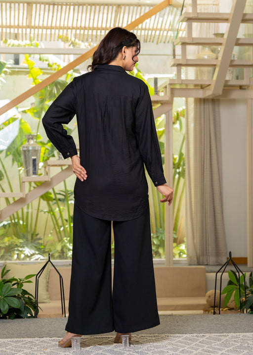 Juniper Viscose Linen Black Embroidered Shirt And Pant Co-Ord Set With Thread Work