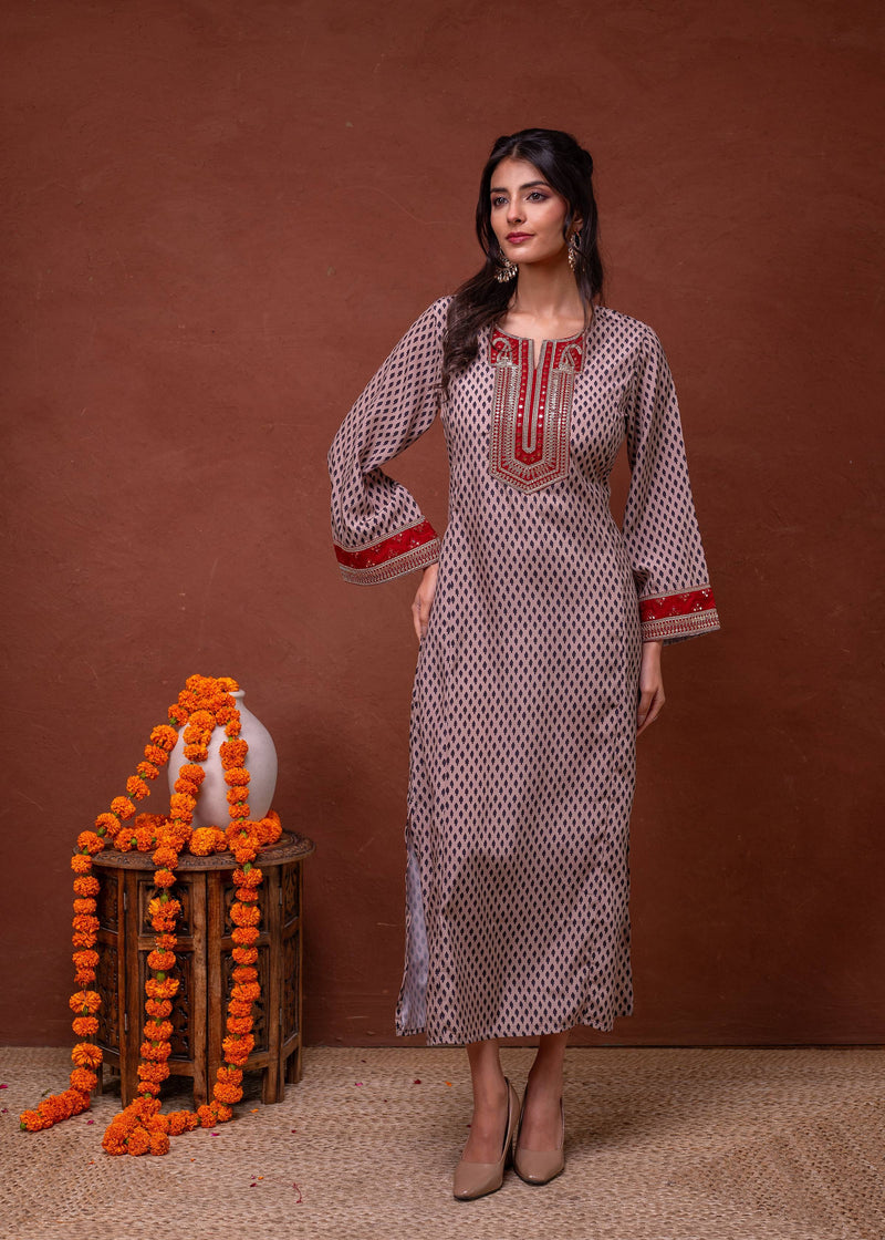Juniper Beige Embroidered A-Line Kurta With Mirror & Thread Work
