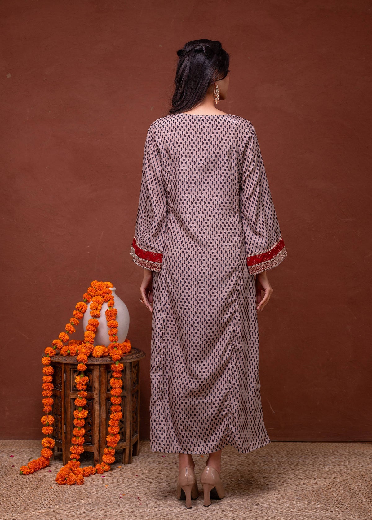 Juniper Beige Embroidered A-Line Kurta With Mirror & Thread Work