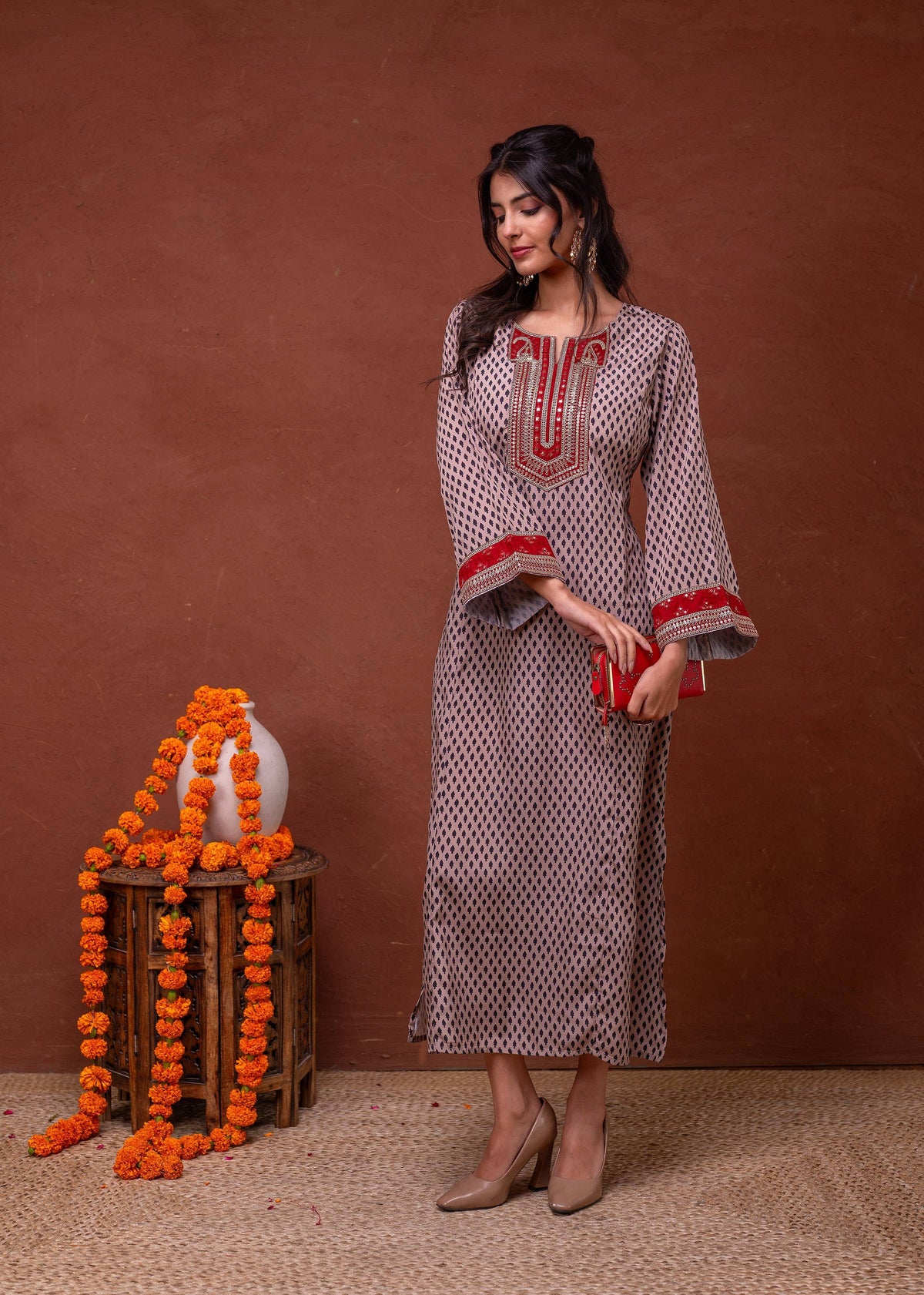 Juniper Beige Embroidered A-Line Kurta With Mirror & Thread Work