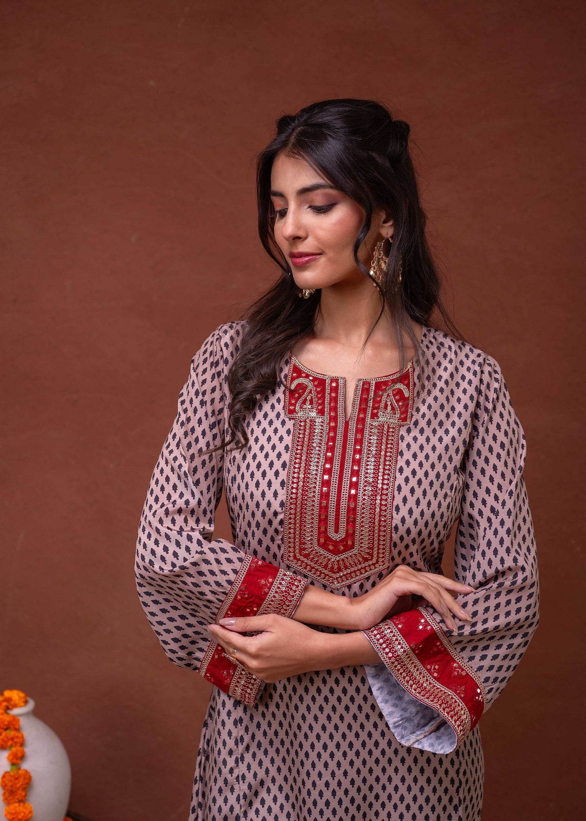 Juniper Beige Embroidered A-Line Kurta With Mirror & Thread Work