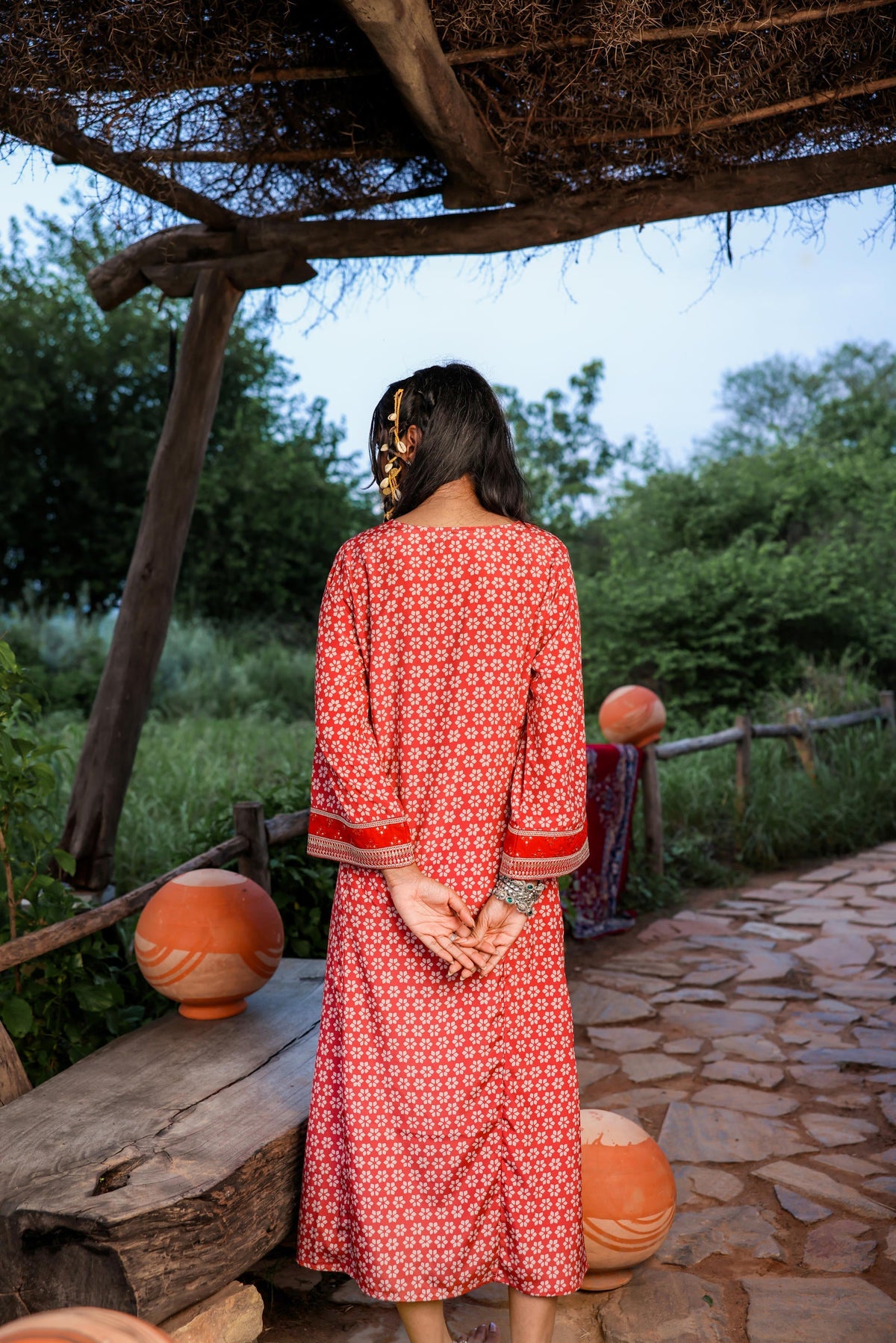 Juniper Red Embroidered A-Line Kurta With Mirror & Thread Work