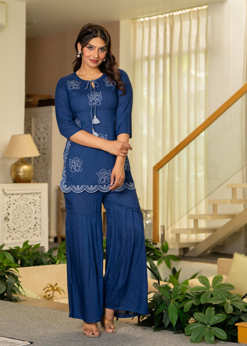 Juniper Navy Solid Viscose Tunic And Pants Co-Ord Set With Thread Work And Sequence