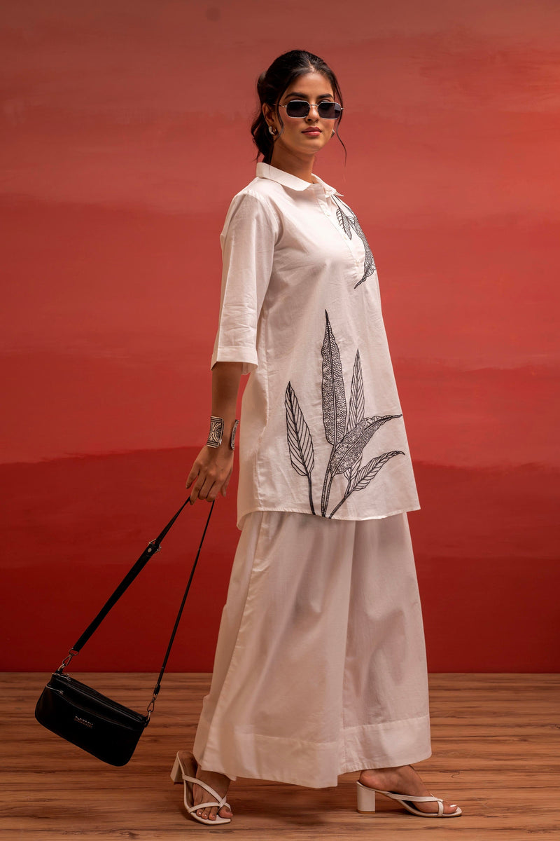 Juniper Off-White Leaf Printed Co-Ord Set With Collared Tunic & Wide-Leg Pant