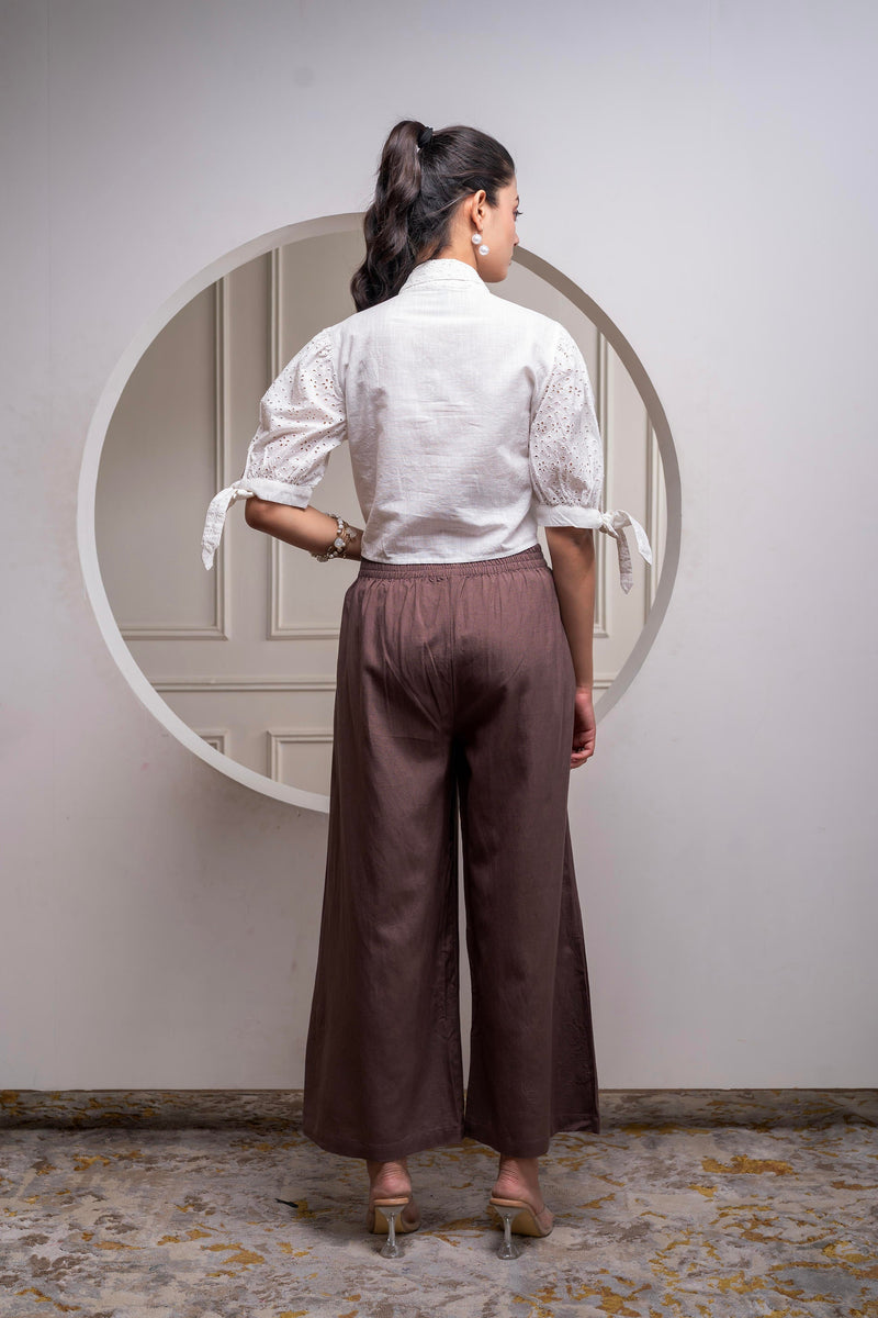 Juniper White & Brown Cotton-Viscose Embroidered Co-Ord Set With Thread Work & Lace