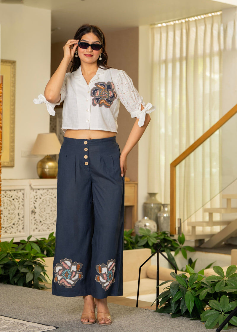 Juniper White & Teal Cotton-Viscose Embroidered Co-Ord Set With Thread Work & Lace