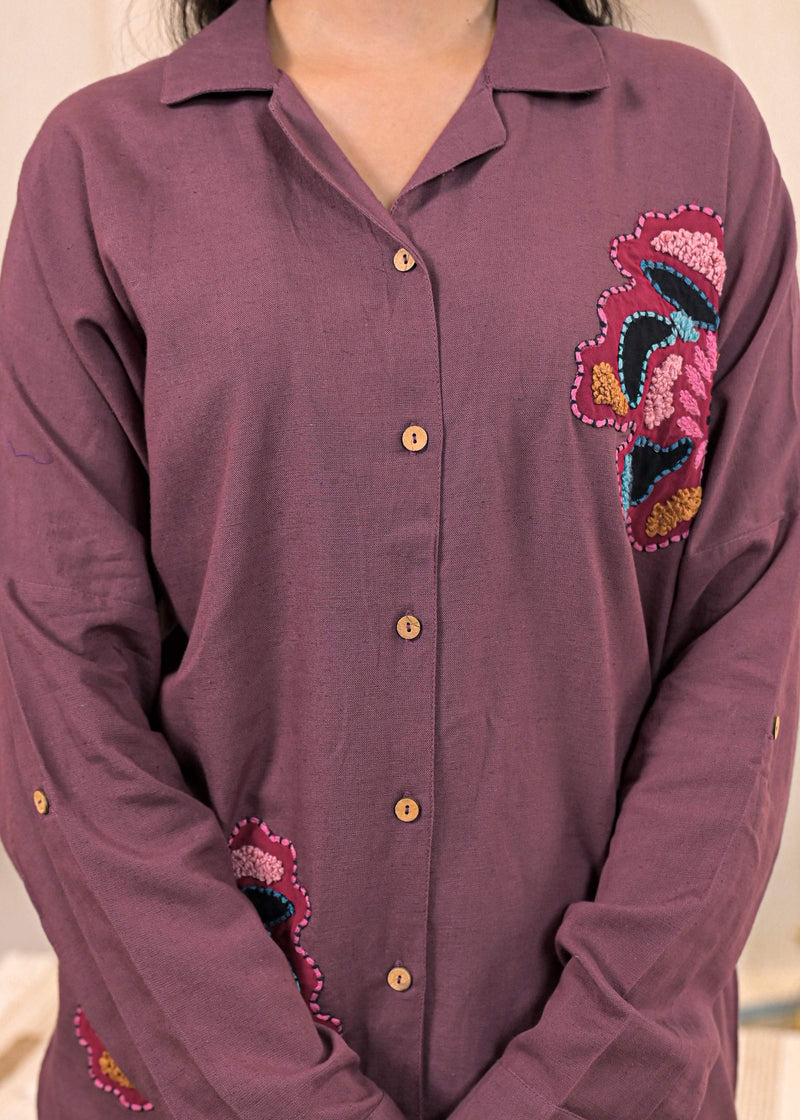 Juniper Viscose Linen Mauve Embroidered Top And Pant Co-Ord Set With Thread Work