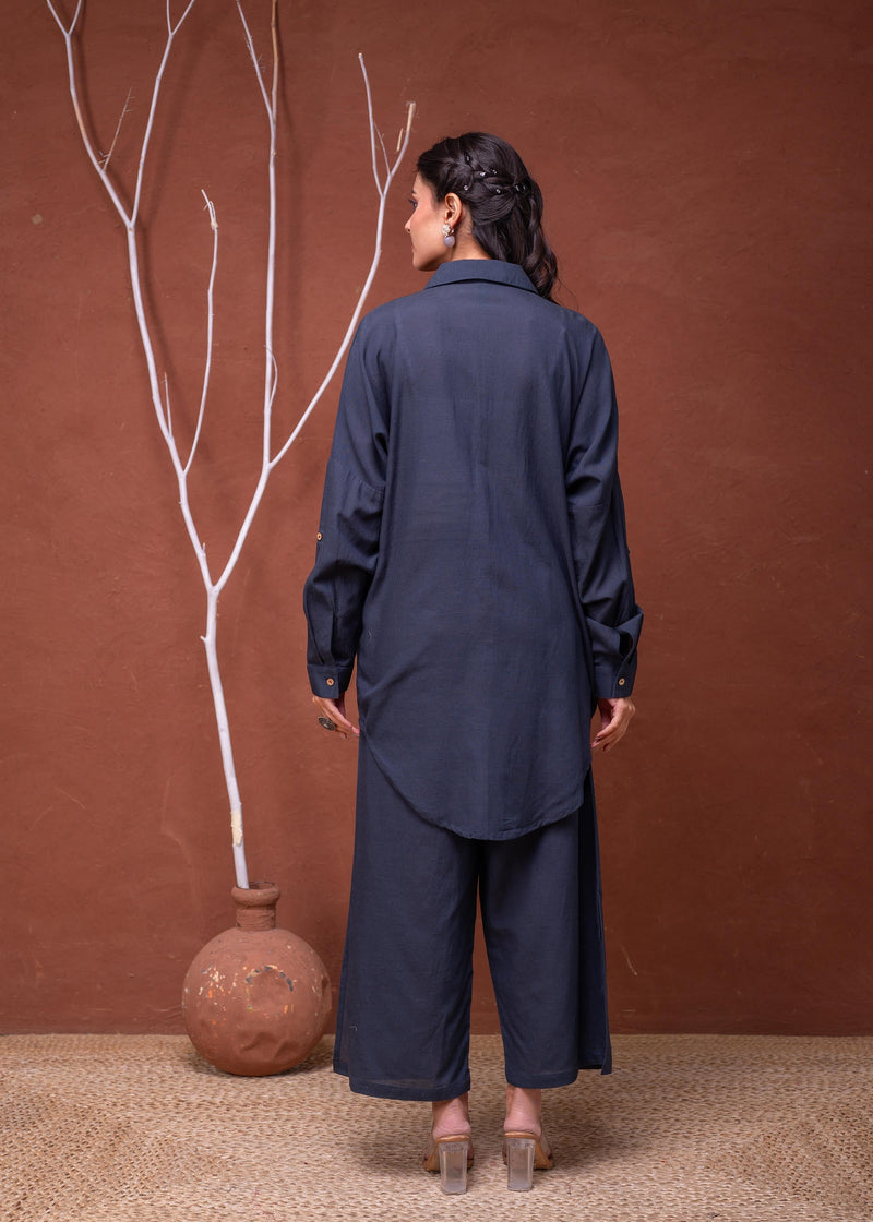 Juniper Viscose Linen Teal Embroidered Top And Pant Co-Ord Set With Thread Work