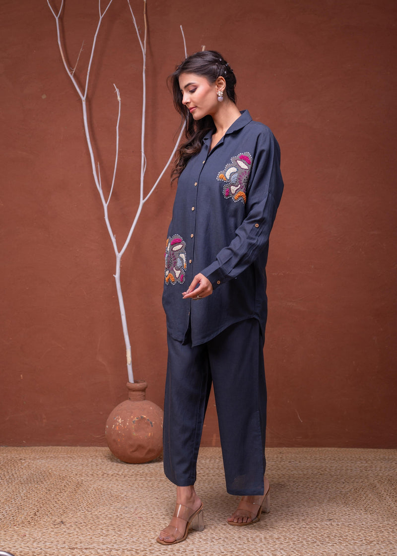 Juniper Viscose Linen Teal Embroidered Top And Pant Co-Ord Set With Thread Work