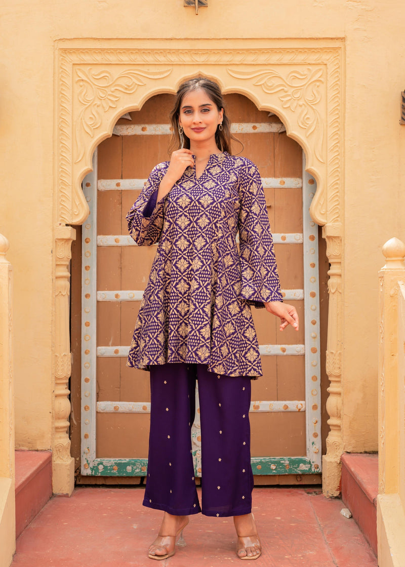 Juniper Purple Gold Geometric Printed Kurta With Pants