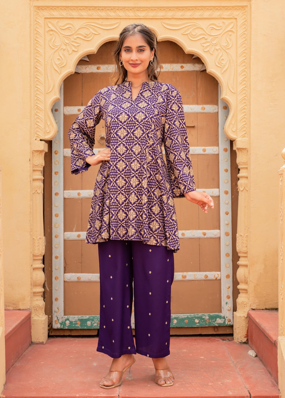 Juniper Purple Gold Geometric Printed Kurta With Pants