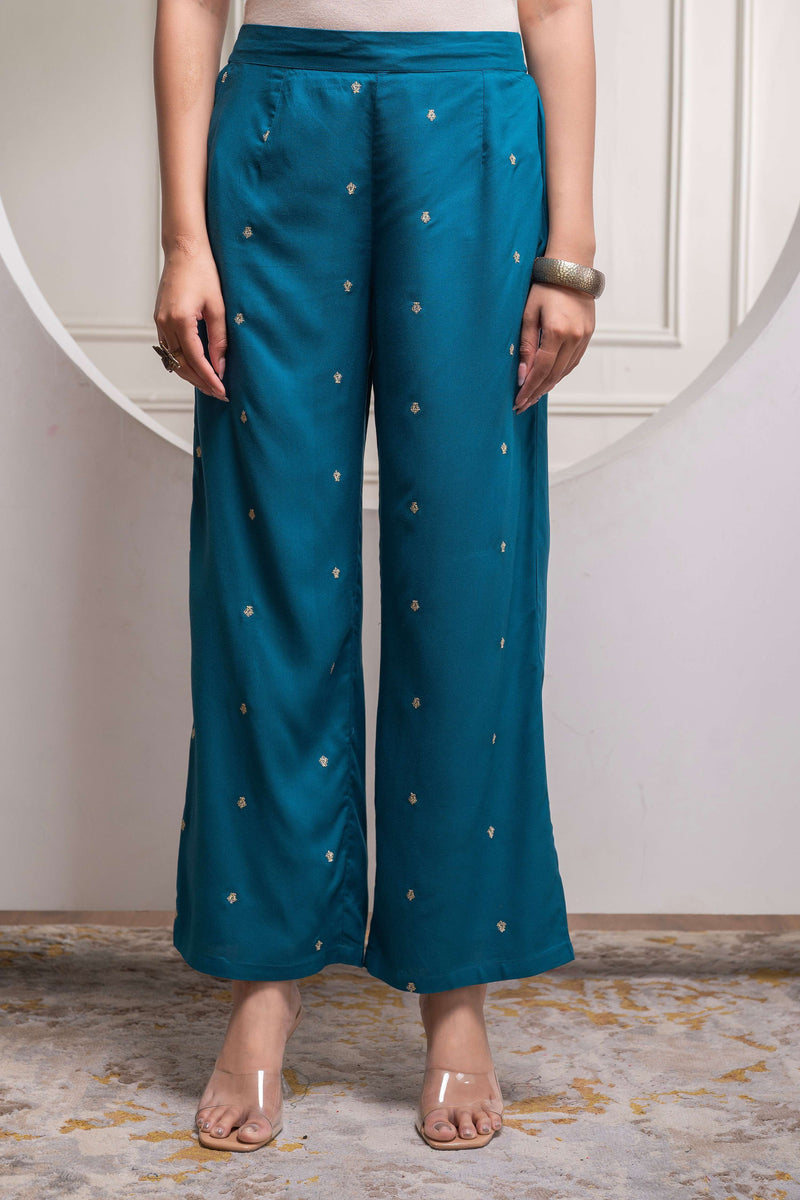 Juniper Teal Floral Printed Kurta & Solid Pants Set In 100% Viscose