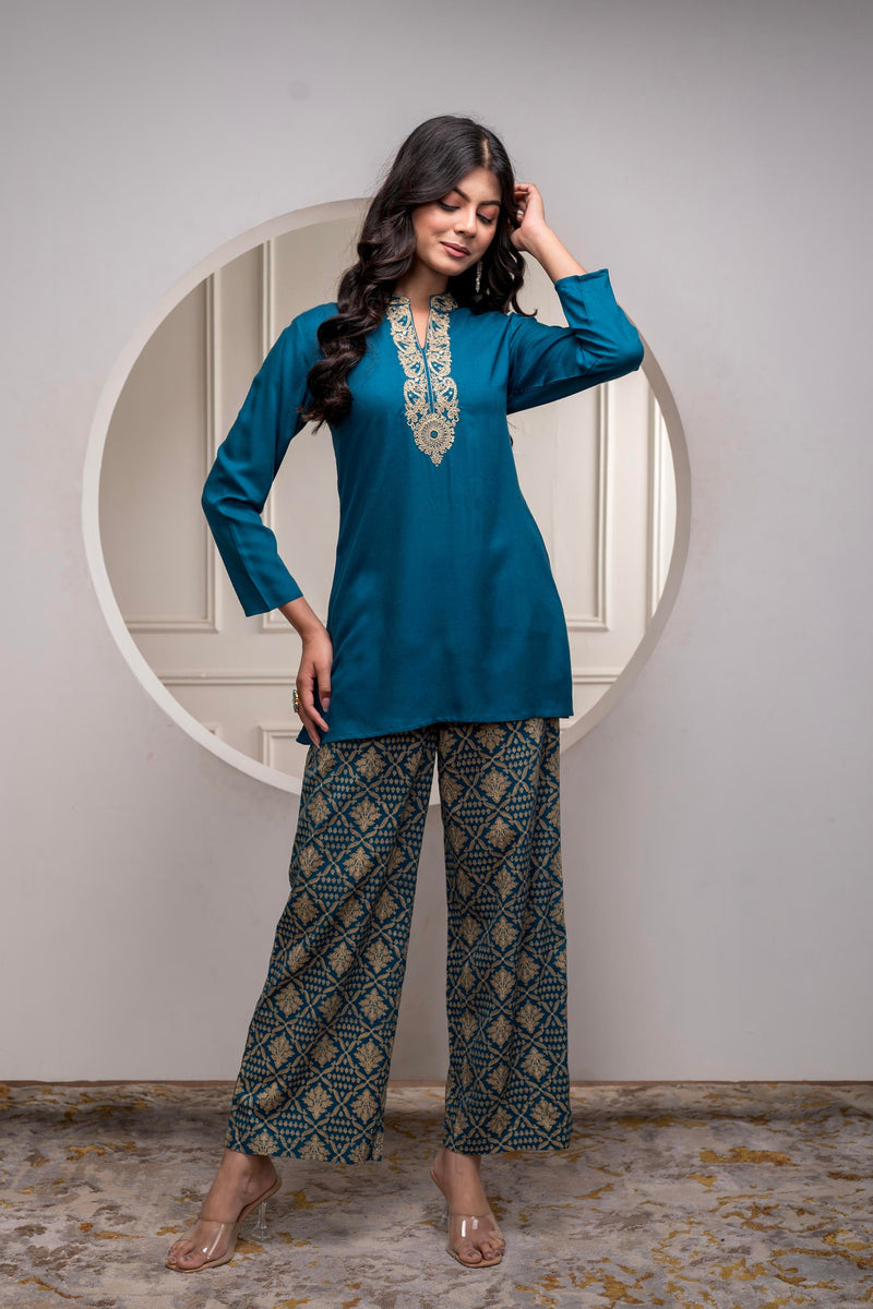 Juniper Viscose Teal Embroidered Kurta Pant Set With Zari & Mirror Work