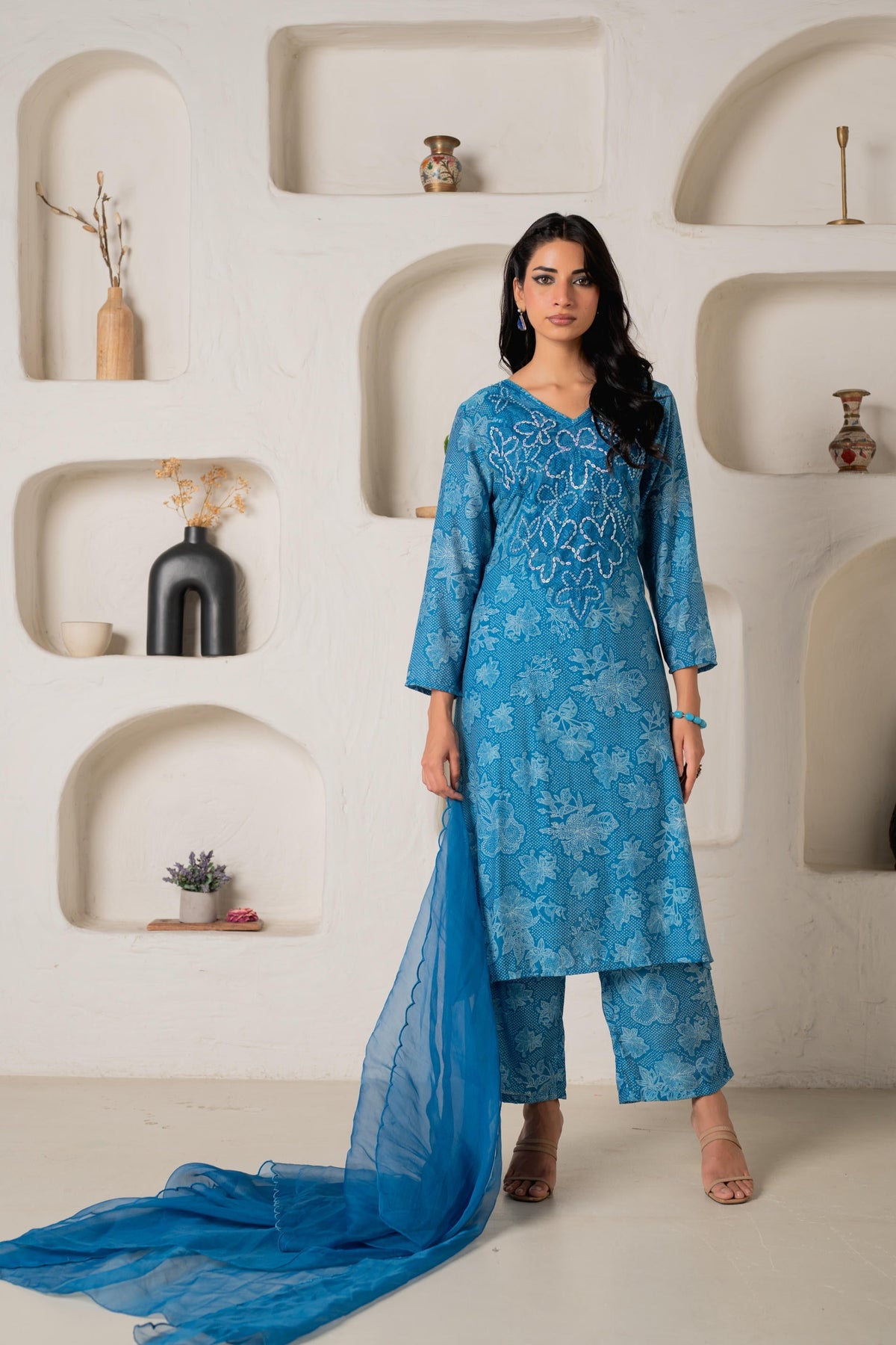 Juniper Blue Floral Embellished A-Line Kurta Pant And Dupatta Set With Beads & Sequence Work