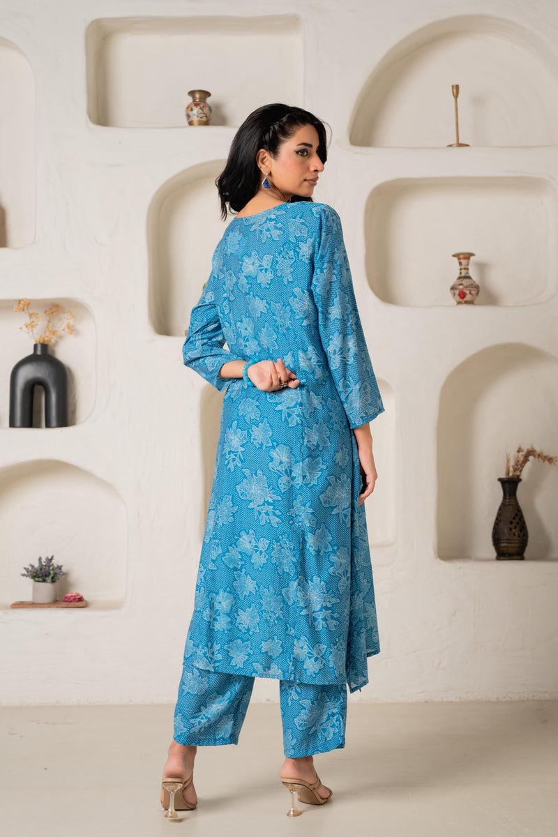 Juniper Blue Floral Embellished A-Line Kurta Pant And Dupatta Set With Beads & Sequence Work